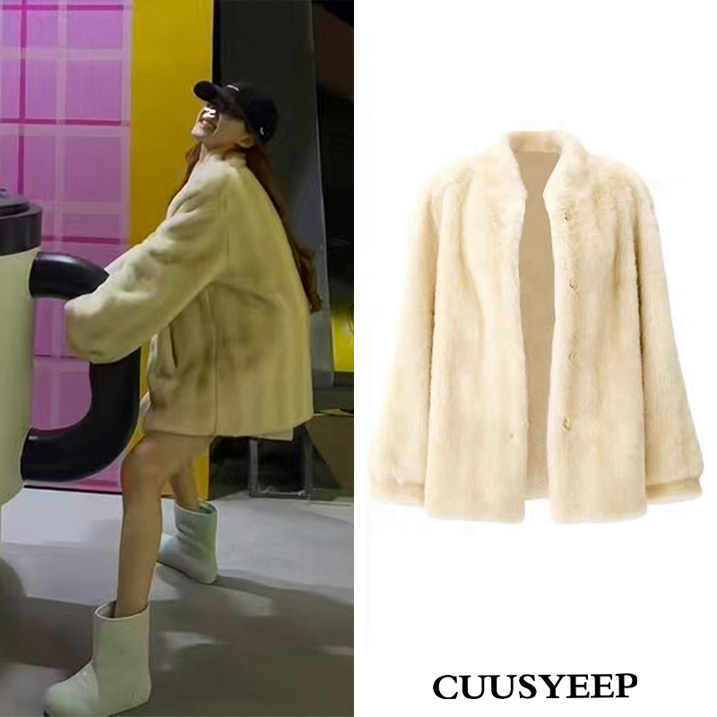 柔软温柔风立领毛毛外套米色棉服