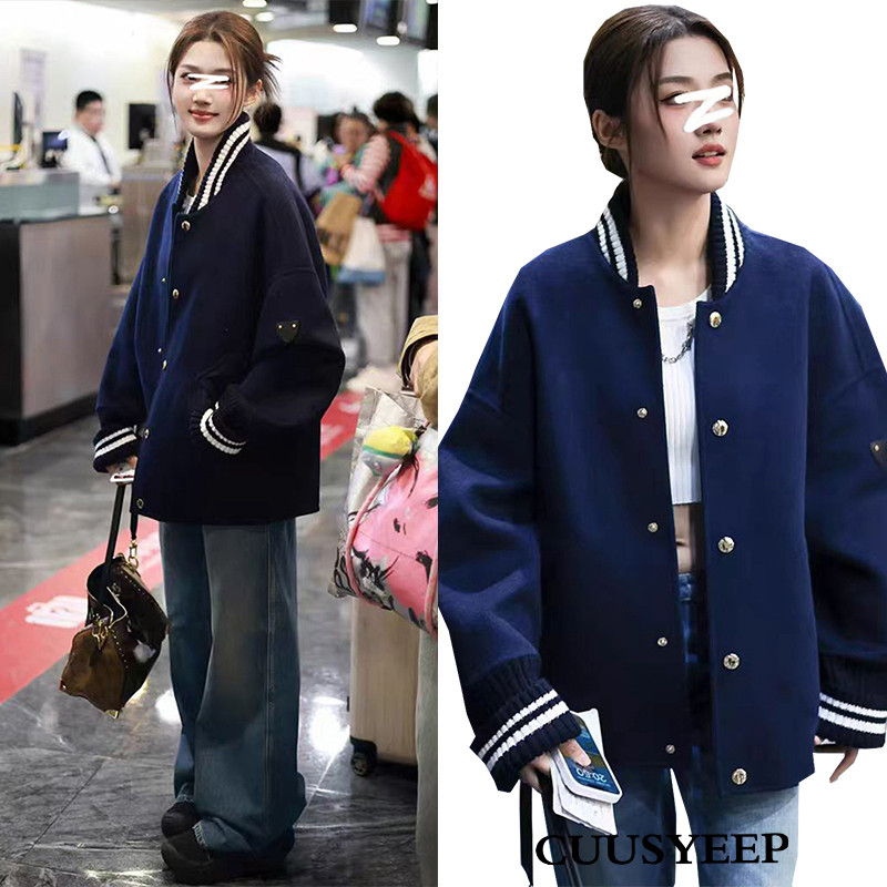 百搭棒球服外套女短款藏蓝色宽松