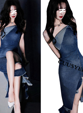 JC明星同款轻奢超柔度假沙滩牛仔吊带连衣裙收腰显瘦女神露背长裙