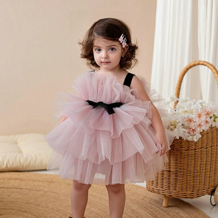 女宝宝蓬蓬蛋糕裙儿童粉色公主裙周岁小礼服花童婚纱连衣裙子夏季