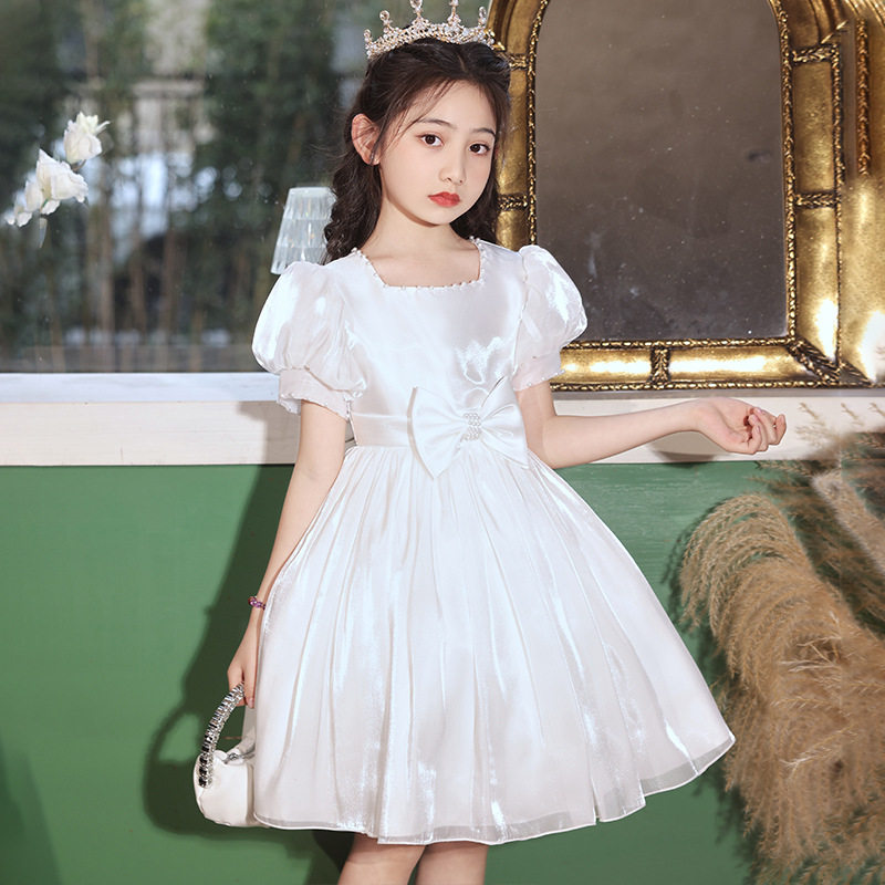 儿童白色缎面公主裙子女童泡泡袖连衣裙夏季小女孩生日礼服演出服