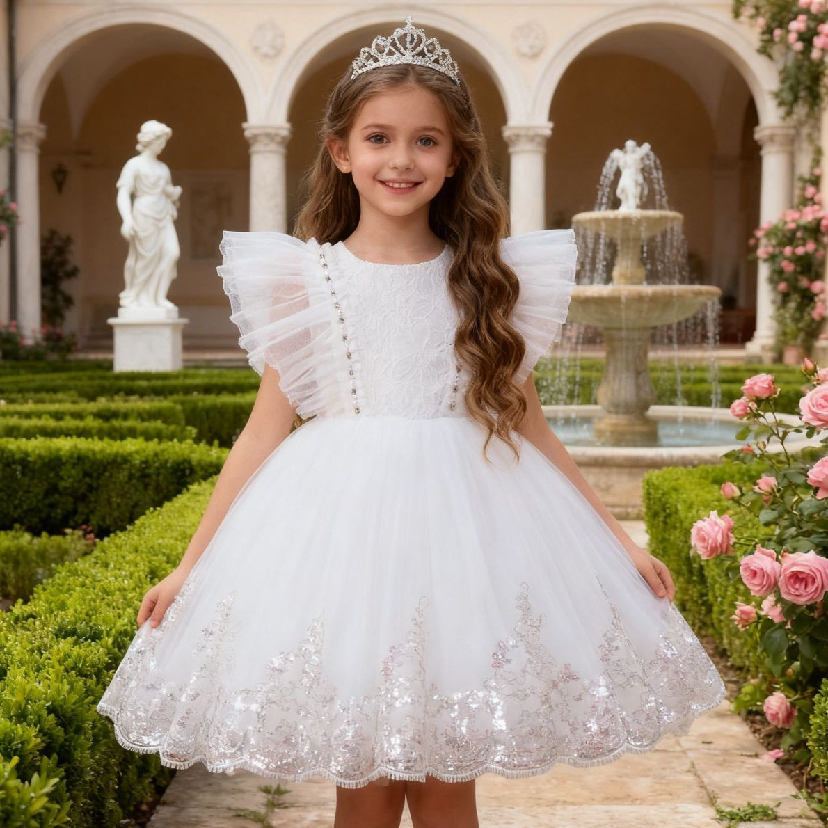 花童红色小礼服夏季女童飞袖蓬蓬公主纱裙洋气儿童主持走秀演出服