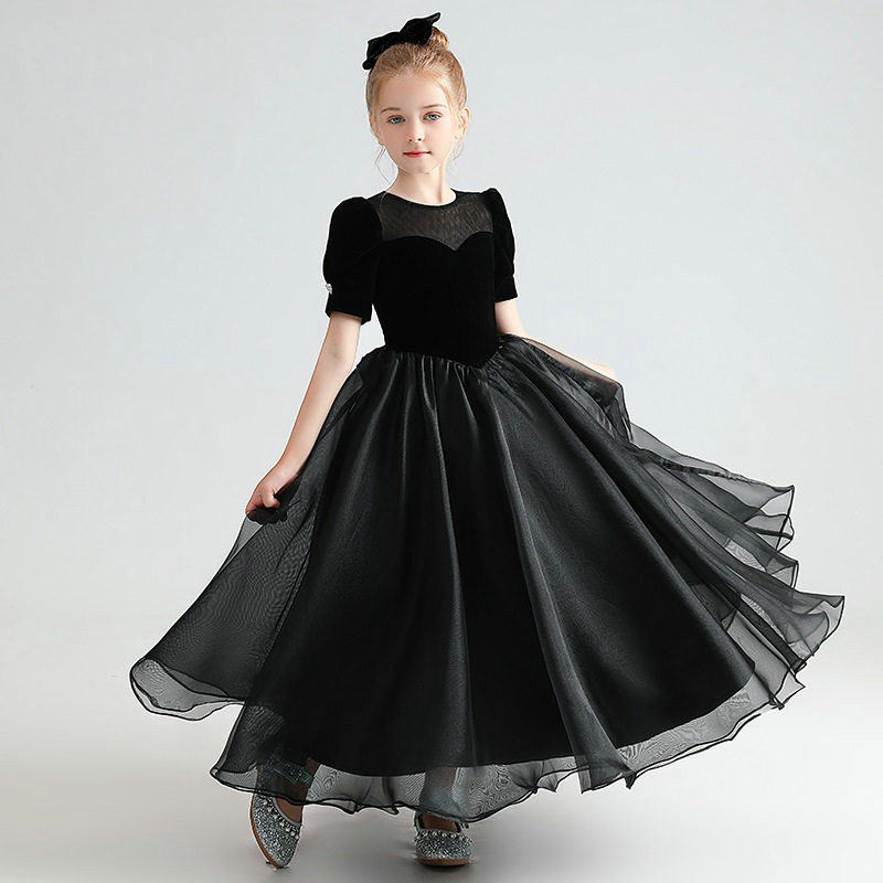 女童黑色泡泡袖礼服连衣裙夏季短袖儿童赫本风公主裙小女孩演出服