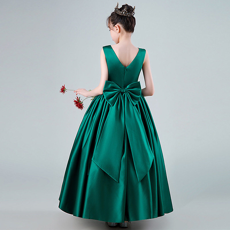 女大童绿色缎面晚礼服儿童无袖公主背心长裙小女孩主持钢琴演出服