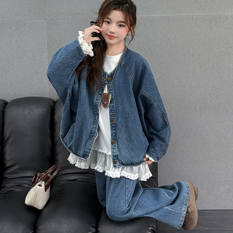 女童蝙蝠袖牛仔套装2026新款儿童宽松外套阔腿裤两件套大童春秋装