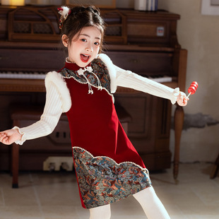女童红色唐装旗袍连衣裙国潮裙子儿童马甲背心裙国风加厚拜年礼服