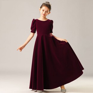 女童蓝色丝绒礼服连衣裙短袖儿童公主裙学生合唱指挥演出服长裙子