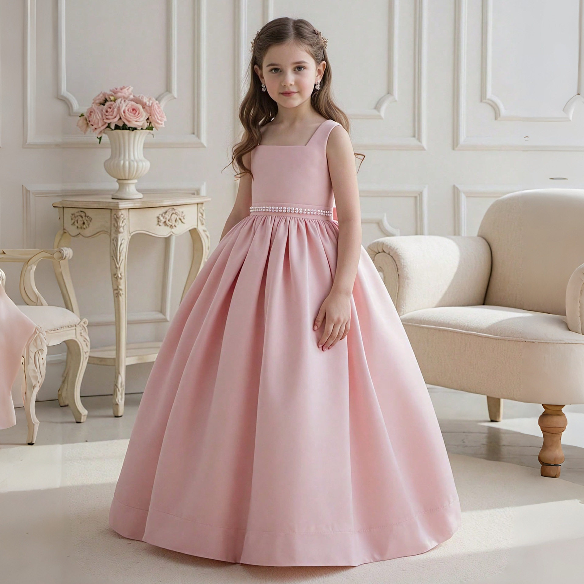 小女孩粉色缎面晚礼服洋气儿童生日公主长裙女童婚纱长款连衣裙子