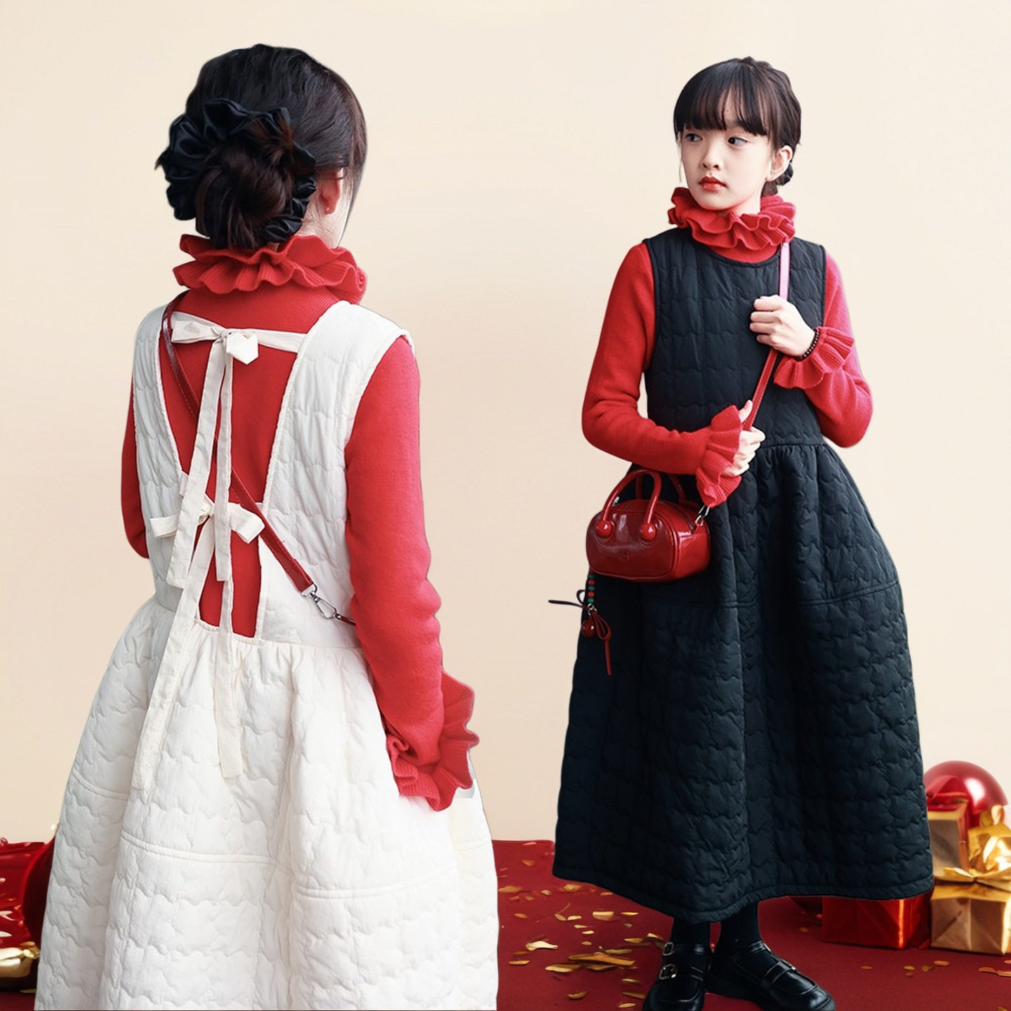 女童甜美夹棉背心连衣裙中大童加厚公主长裙儿童长袖套装裙子秋冬