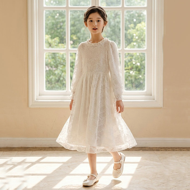 女童法式白色蕾丝公主裙生日礼服