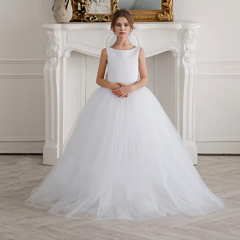 青少年白色蓬蓬纱晚礼服中大童生日公主长裙洋气无袖女童连衣裙子