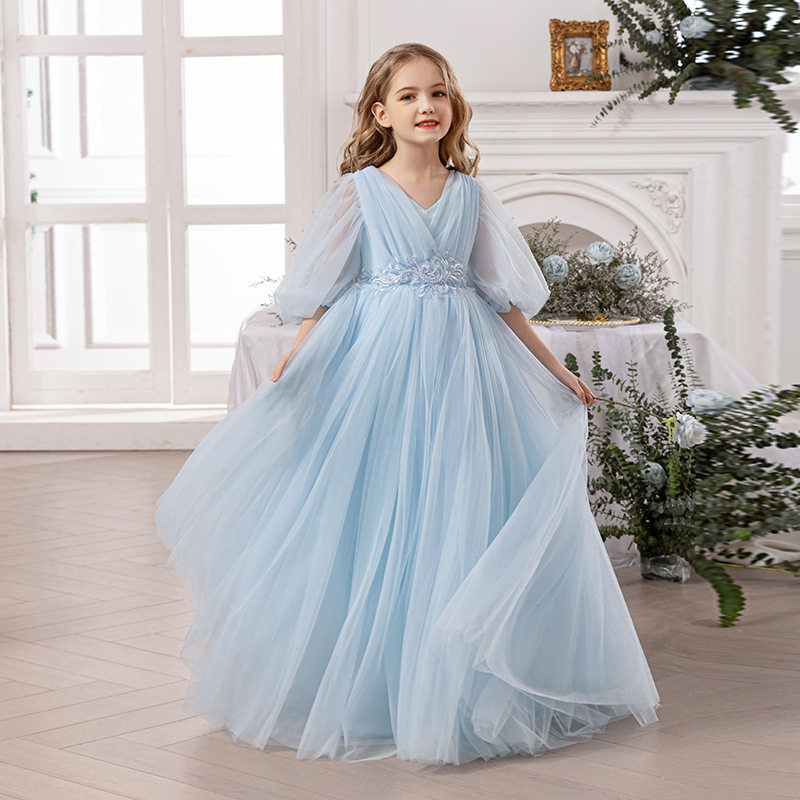 小女孩蓝色婚纱晚礼服夏季短袖儿童蓬蓬公主长裙女童演出花童裙子