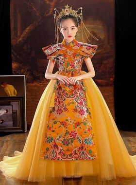 新中式女童国潮拖尾花童礼服
