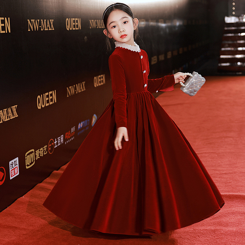花童婚礼小女孩红色丝绒晚礼服儿童长款公主裙女童生日长裙演出服