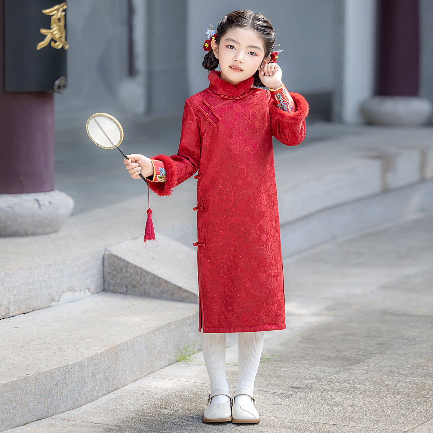 女童新中式旗袍加绒红色新年礼服