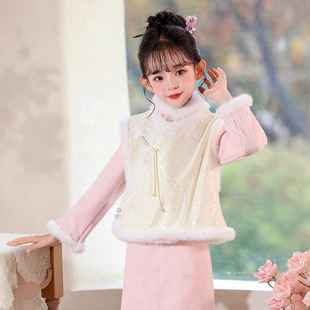 儿童新中式马甲冬季女童加绒加厚中国风保暖毛领上衣洋气唐装旗袍