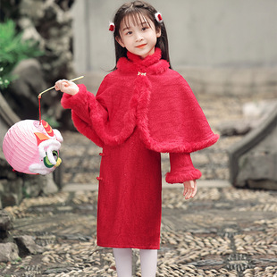 中国风亲子装母女童红色旗袍裙子冬装加绒儿童新年唐装礼服连衣裙