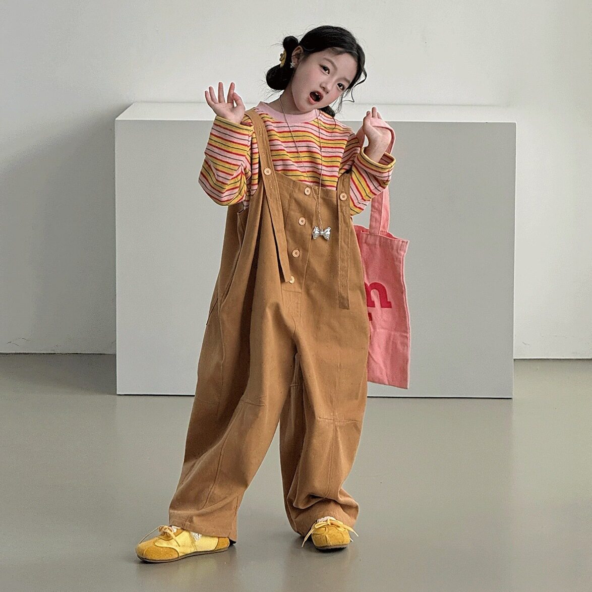 韩版女童秋季条纹背带裤两件套