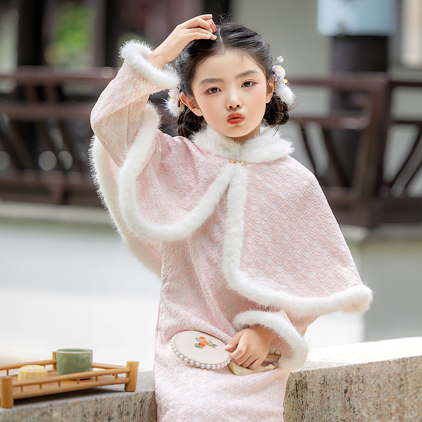 女童唐装旗袍连衣裙冬季儿童加绒粉色披肩公主裙子民国风拜年礼服
