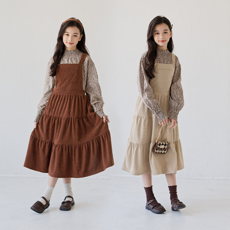 大童女装女童背心裙套装秋冬款儿童碎花打底衫中长款背带裙两件套