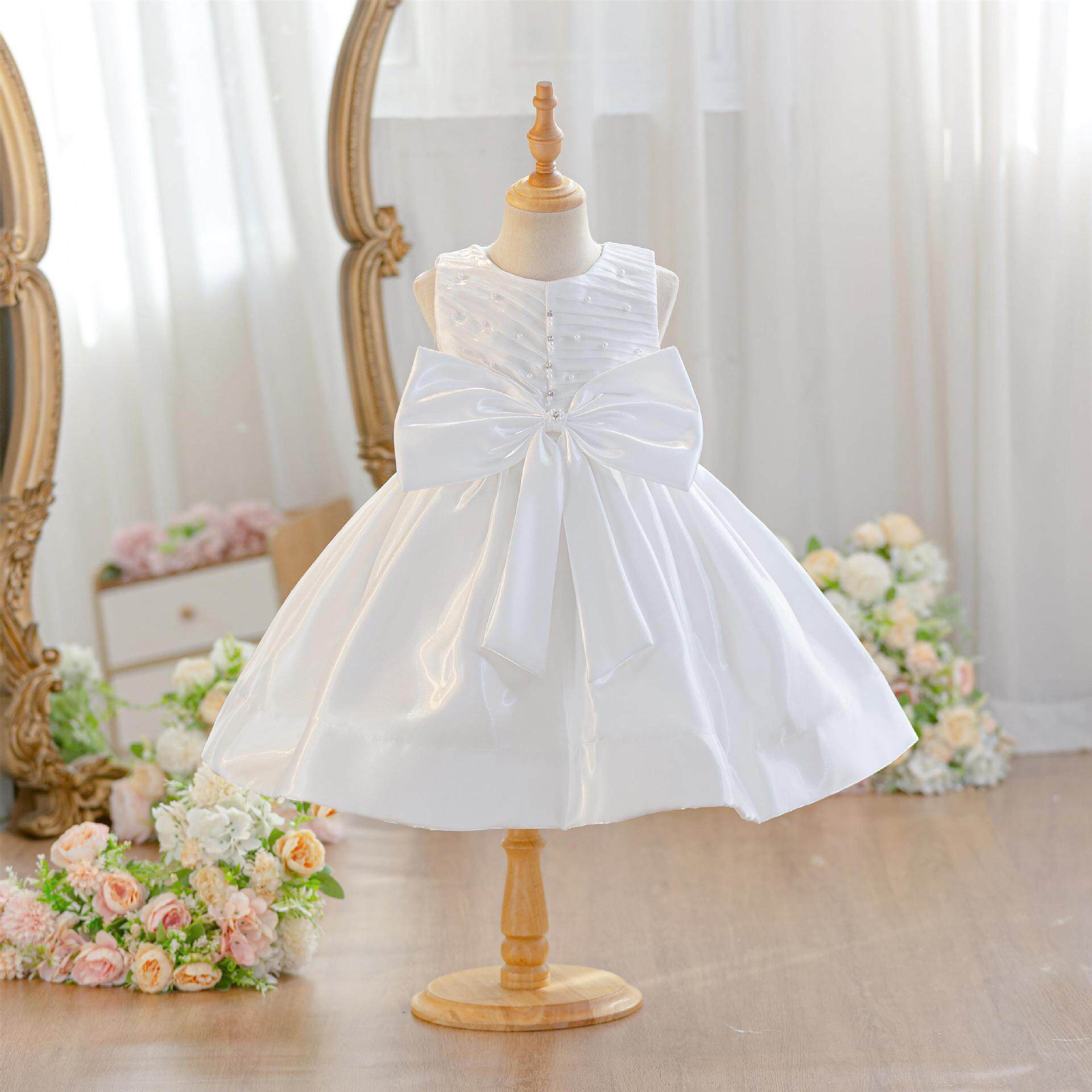 儿童甜美可爱白色缎面公主裙女童夏季粉色背心连衣裙宝宝周岁礼服