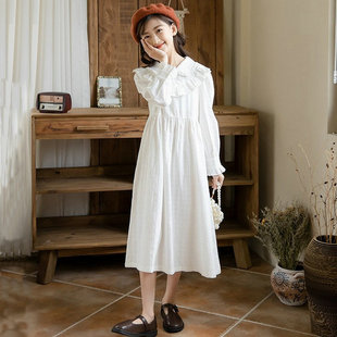 春秋女童纯棉白色衬衫长裙韩版宽松儿童长袖连衣裙中大童公主裙子