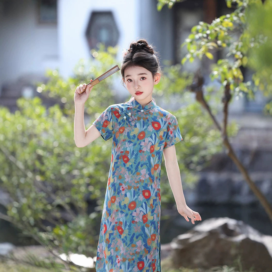 女童国风印花短袖中长款旗袍裙子