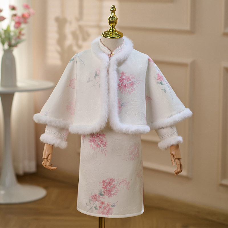 儿童新中式旗袍套装冬季女童长袖唐装连衣裙斗篷外套改良复古裙子