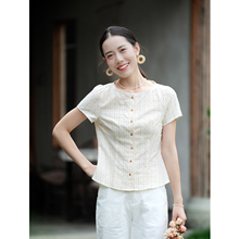 纻衣杏色纯棉短袖衬衫女2025年夏装新品文艺条纹圆领百搭时尚上衣