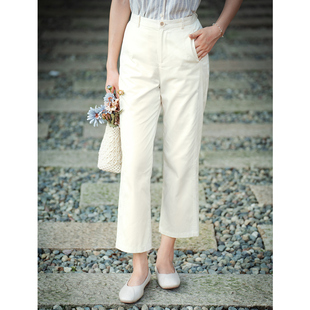 文艺气质百搭春夏秋裤 新品 2025秋装 纻衣白色松紧腰休闲宽松直筒裤