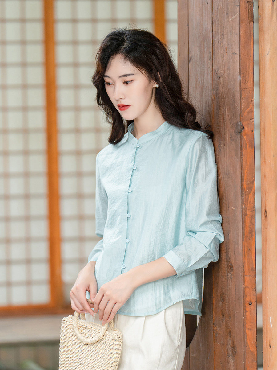 纻衣复古立领新中式长袖衬衫2026秋装新品女装衬衣蓝色别致打底衫