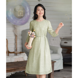 显瘦文艺时尚 修身 中长裙子 连衣裙女2026春秋新品 纻衣绿色圆领长袖