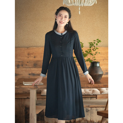 纻衣亚麻拼接亚麻收腰长袖连衣裙