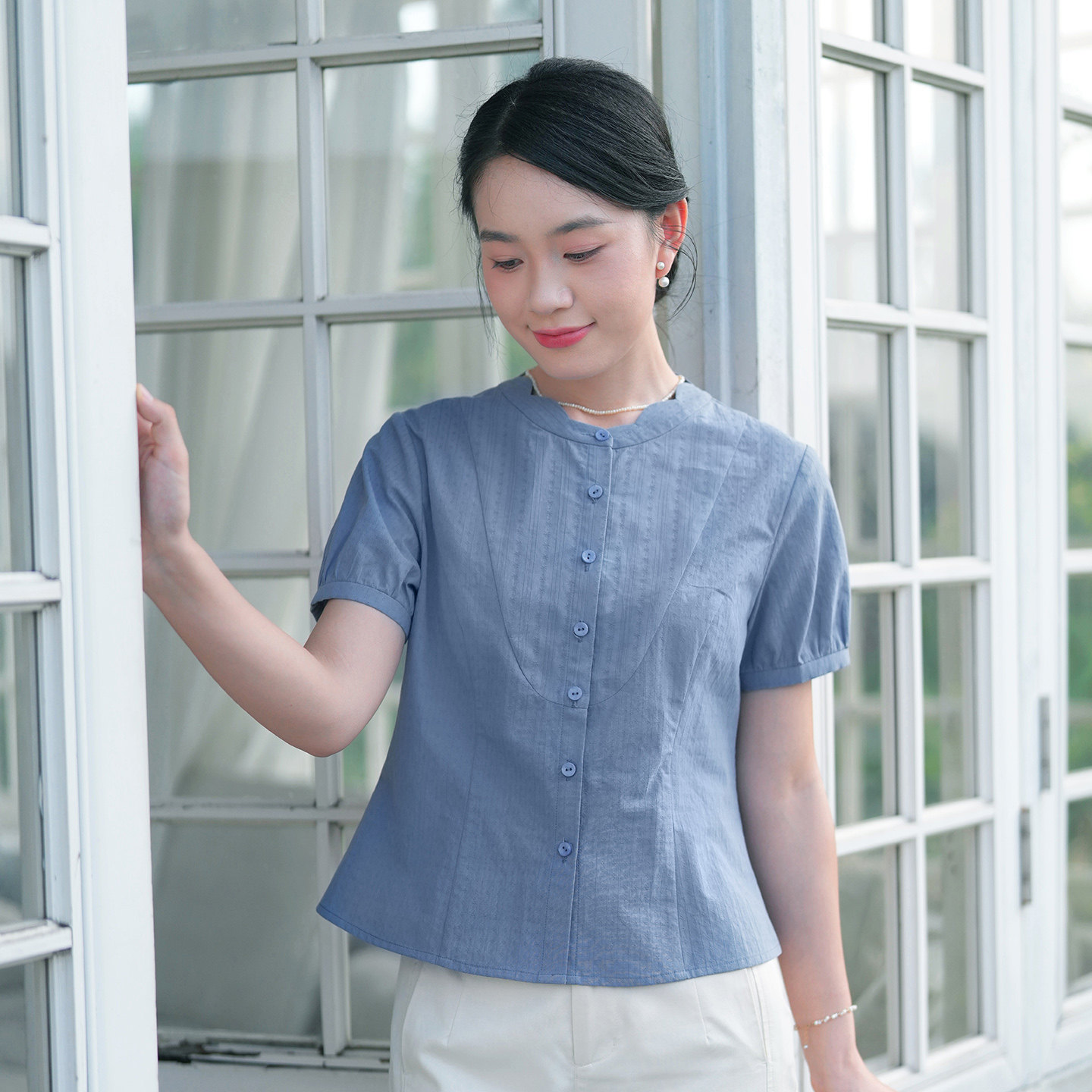 纻衣纯棉提花短袖显瘦女衬衫