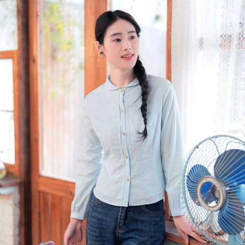 文艺提花棉收腰显瘦长袖衬衫女