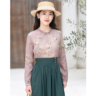 立领新中式 纻衣粉色碎花长袖 新品 女2025秋装 衬衣文艺苎麻上衣 衬衫