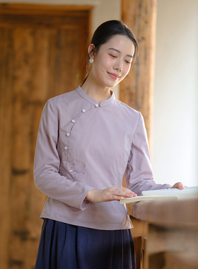 纻衣紫色刺绣纯棉新中式收腰文艺衬衫女2026春装新品通勤百搭上衣