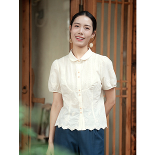 设计感刺绣百搭时尚 纻衣黄色方领纯棉短袖 新品 衬衫 上衣 女2025夏季