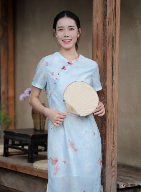 纻衣蓝色印花短袖旗袍连衣裙2026夏装新品立领中式文艺气质中长裙