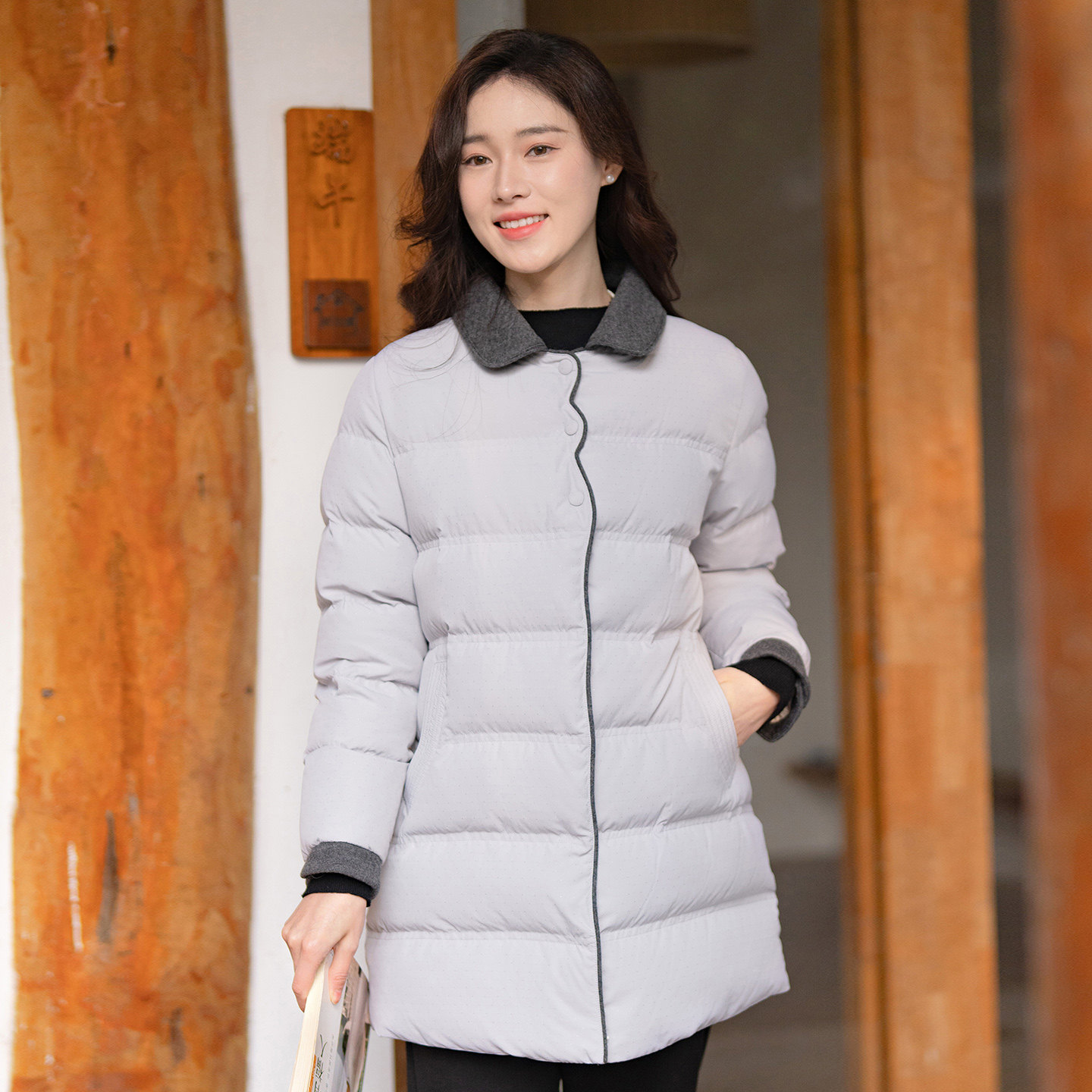 纻衣撞色文艺修身保暖棉袄女2026冬新款羽绒棉服通勤加厚中长外套