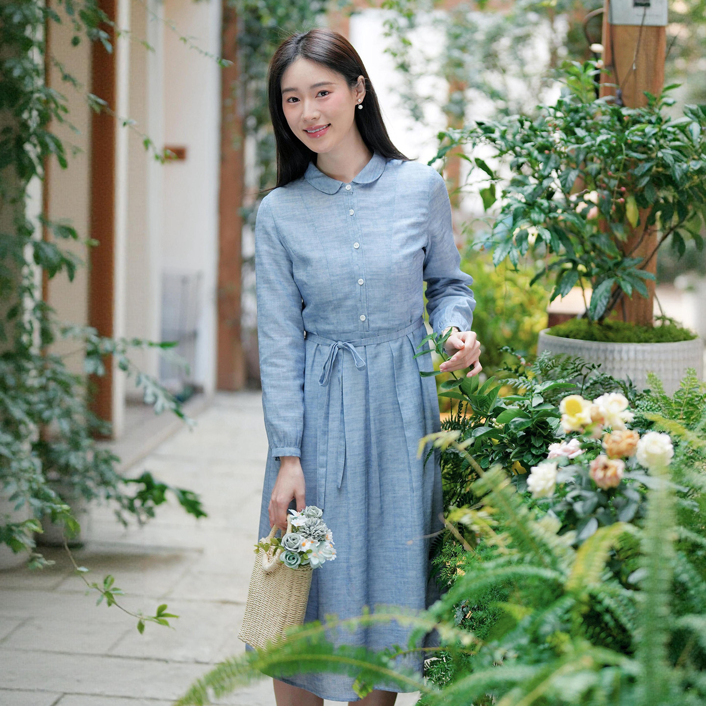 纻衣蓝色显白长袖连衣裙女2026春装新品文艺修身显瘦气质优雅长裙