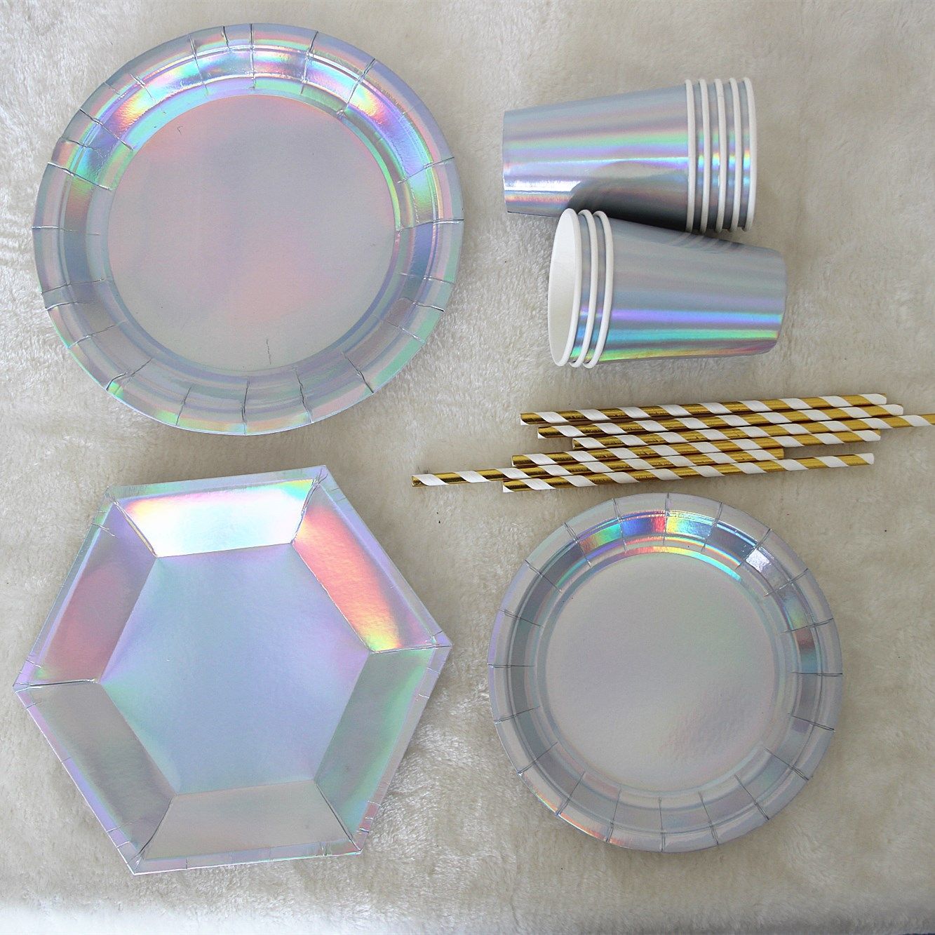 iridescent paper plate cup镭射纸盘纸碟纸杯欧美甜品台餐具叉勺