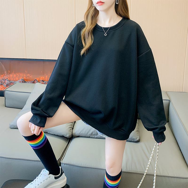 300斤胖mm纯色加绒加厚圆领潮牌大码宽松卫衣女长袖纯棉外套