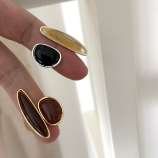 法式轻奢不对称黑曜石银戒指复古小众高级感天然石水晶开口食指戒
