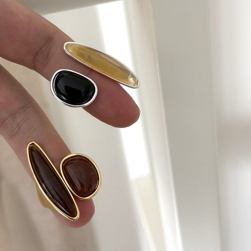 法式轻奢不对称黑曜石银戒指复古小众高级感天然石水晶开口食指戒