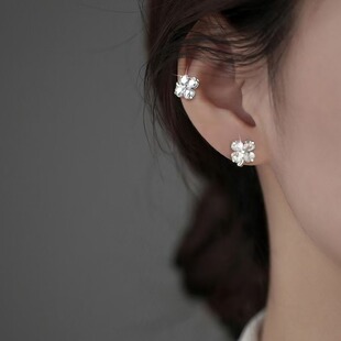 纯银满钻四叶草耳夹无耳洞款气质幸运草锆石耳环女四瓣花朵耳骨夹