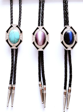 波洛领带男士黑色猫眼石镀金银宝石潮牌真爱如血皮绳马鞭链波洛绳