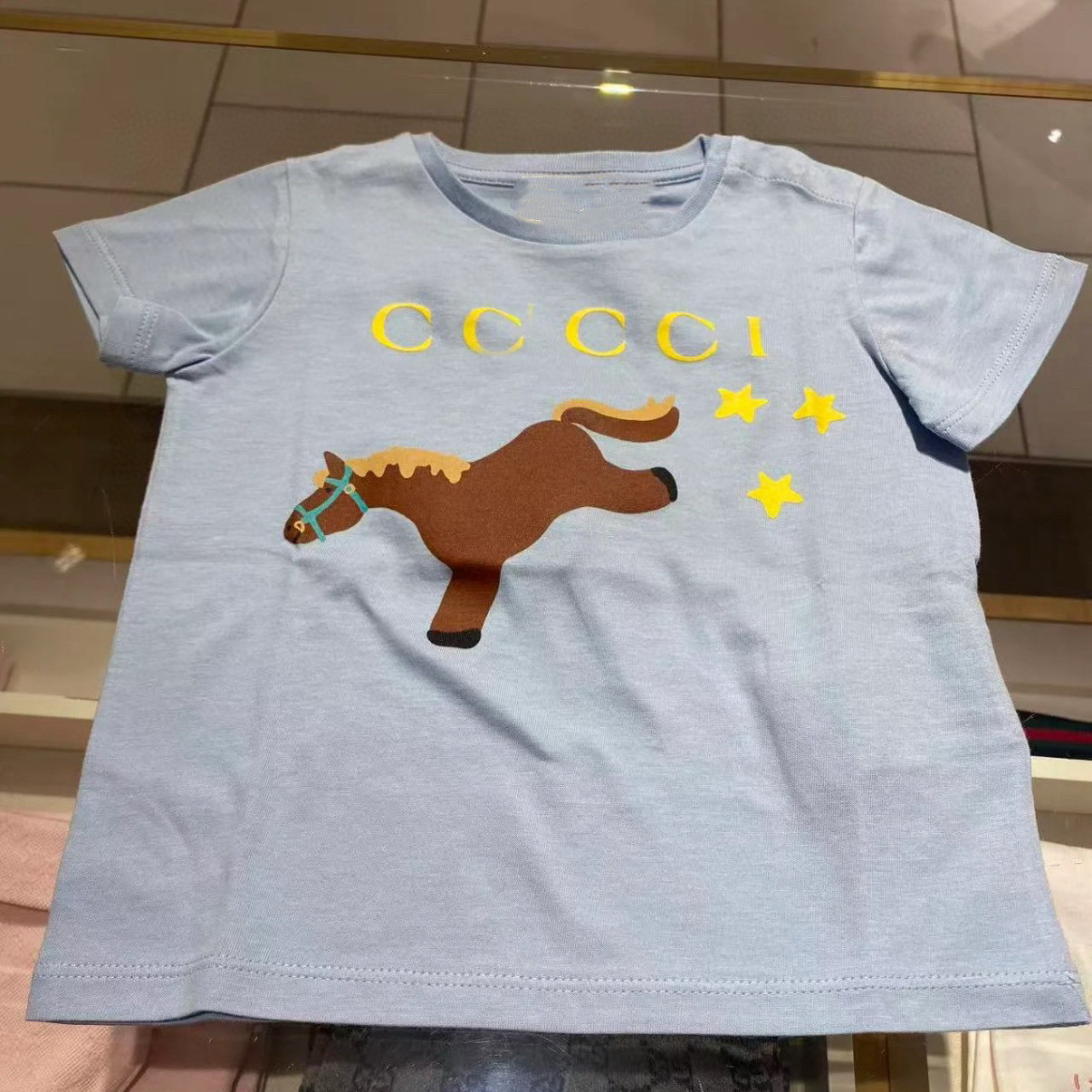 奶呼呼蓝色26新款男女童纯棉小马驹印花短袖T恤上衣儿童半袖亲子
