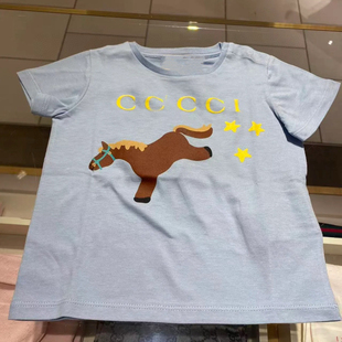 奶呼呼蓝色26新款男女童纯棉小马驹印花短袖T恤上衣儿童半袖亲子