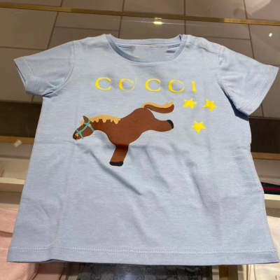 奶呼呼蓝色26新款男女童纯棉小马驹印花短袖T恤上衣儿童半袖亲子